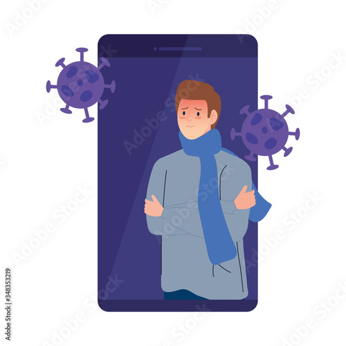 man sick in smartphone with covid19 particles vector illustration design