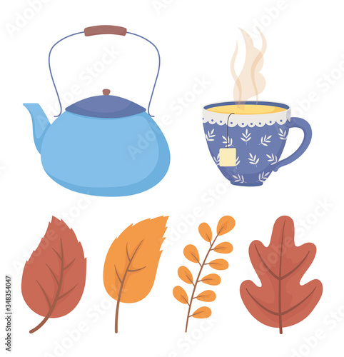 coffee time and tea, blue tea pot and cup with leaves icons