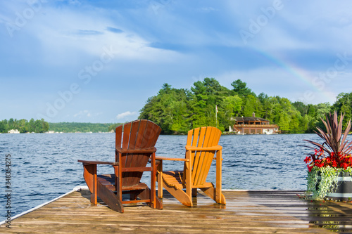 Adirondack chairs sitting on a wood dock facing a lake. Across the water is a brown cottage nestled among green trees. 