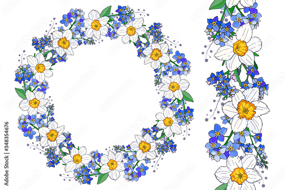 spring wreath with forget-me-not and narcissus flowers spring wreath with forget-me-not and narcissus flowers