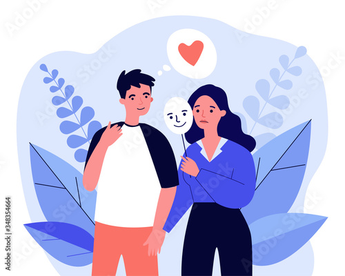 Depressed girl holding positive mask on stick during date. Young woman covering unhappy face flat vector illustration. Emotion and disguise concept for banner, website design or landing web page