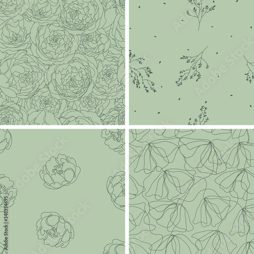 Collection of seamless floral patterns. Vector delicate hand drawn ornaments. Summer blossom textures for your design