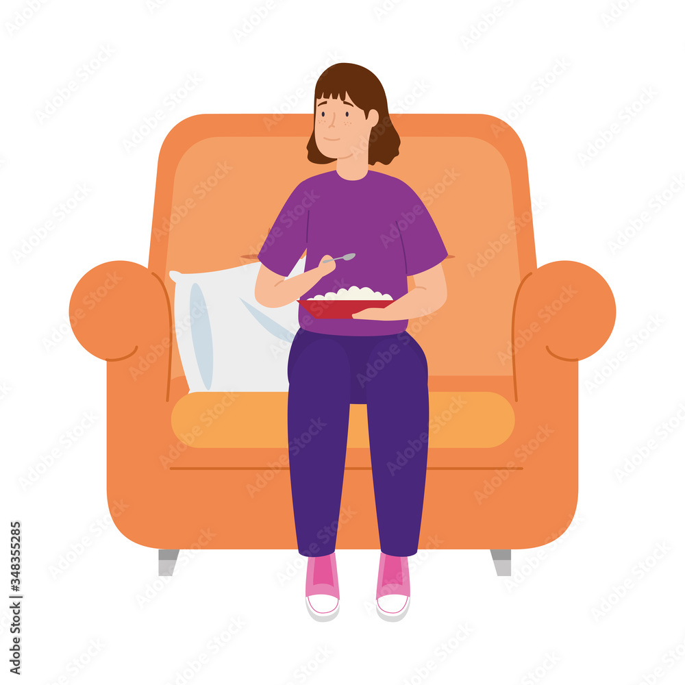 young woman stay at home eating in sofa vector illustration design
