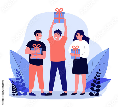 Smiling happy people holding gift boxes. Men and woman getting presents or prizes flat vector illustration. Holiday and lottery concept for banner, website design or landing web page