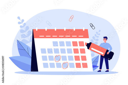 Young man with marker checking events in calendar flat vector illustration. Cartoon office employee planning schedule and agenda. Time management and deadline concept