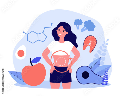 Metabolism of human organism flat vector illustration. Cartoon young woman eating diet food for energy. Digestion, metabolic system and hormones concept