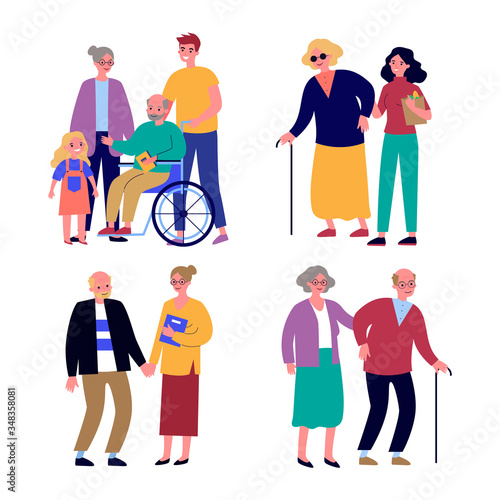 Senior and disabled people support set. Men and women helping handicapped relatives flat vector illustrations. Disability, assistance, family concept for banner, website design or landing web page