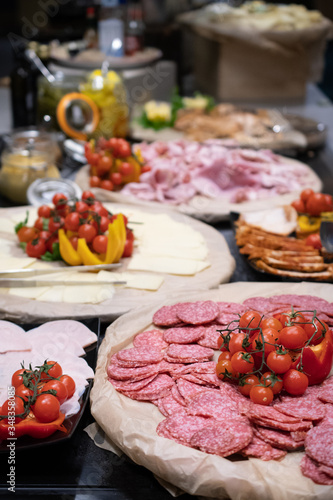 Selection of self service catering continental breakfast buffet display, catering or brunch table