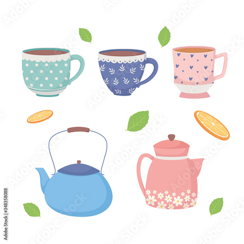 coffee time and tea cups kettles and leaves icons