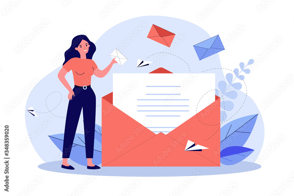 Woman holding business message in envelope flat vector illustration. Cartoon female office employee working with mail. Communication and contact concept