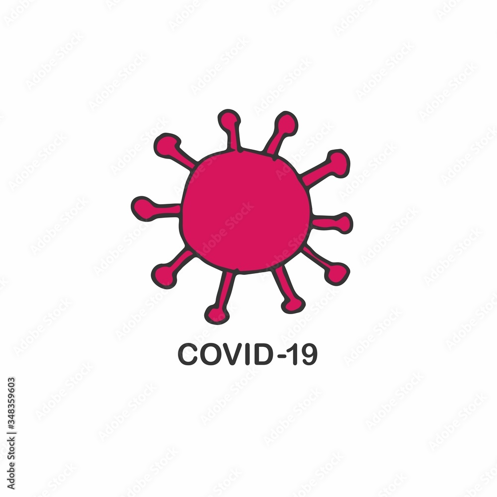 Coronavirus vector doodle sketch. Red bacterium with black contour on white background. Pandemic. Health. inscription Covid-19