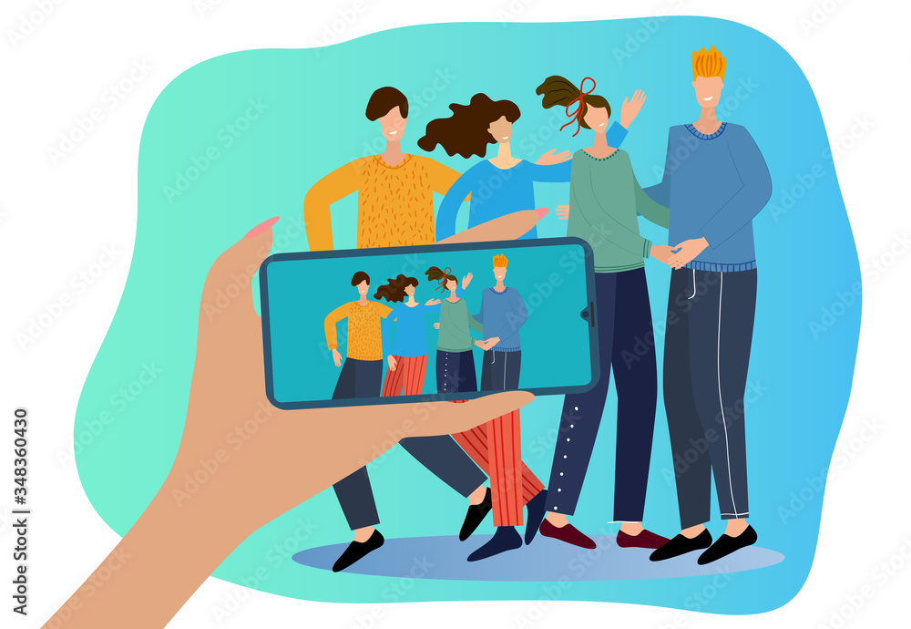 A group of cute young people are filmed on a smartphone.The concept of friendship, social networks.You can use it for posters, banners, and web sites.Flat vector illustration.