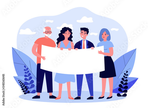 People gathering for protest. Diverse group standing together and holding blank banner flat vector illustration. Position and activism concept for banner, website design or landing web page