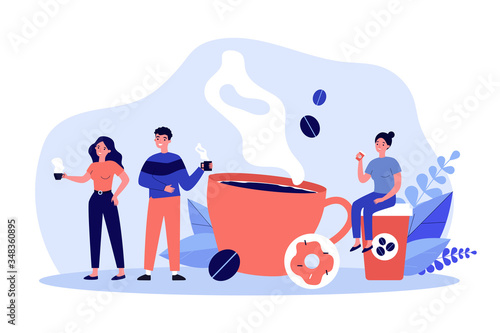 People at coffee break flat vector illustration. Tiny man and women relaxing, talking and drinking coffee. Communication and office experience concept