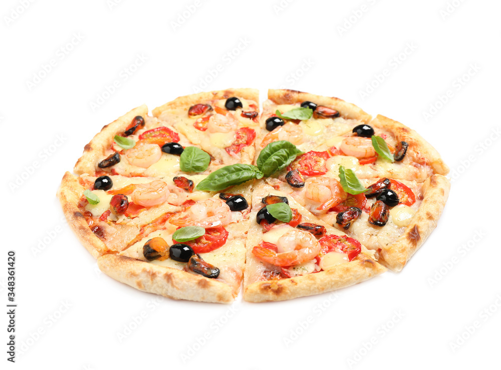 Tasty pizza with seafood isolated on white Tasty pizza with seafood isolated on white