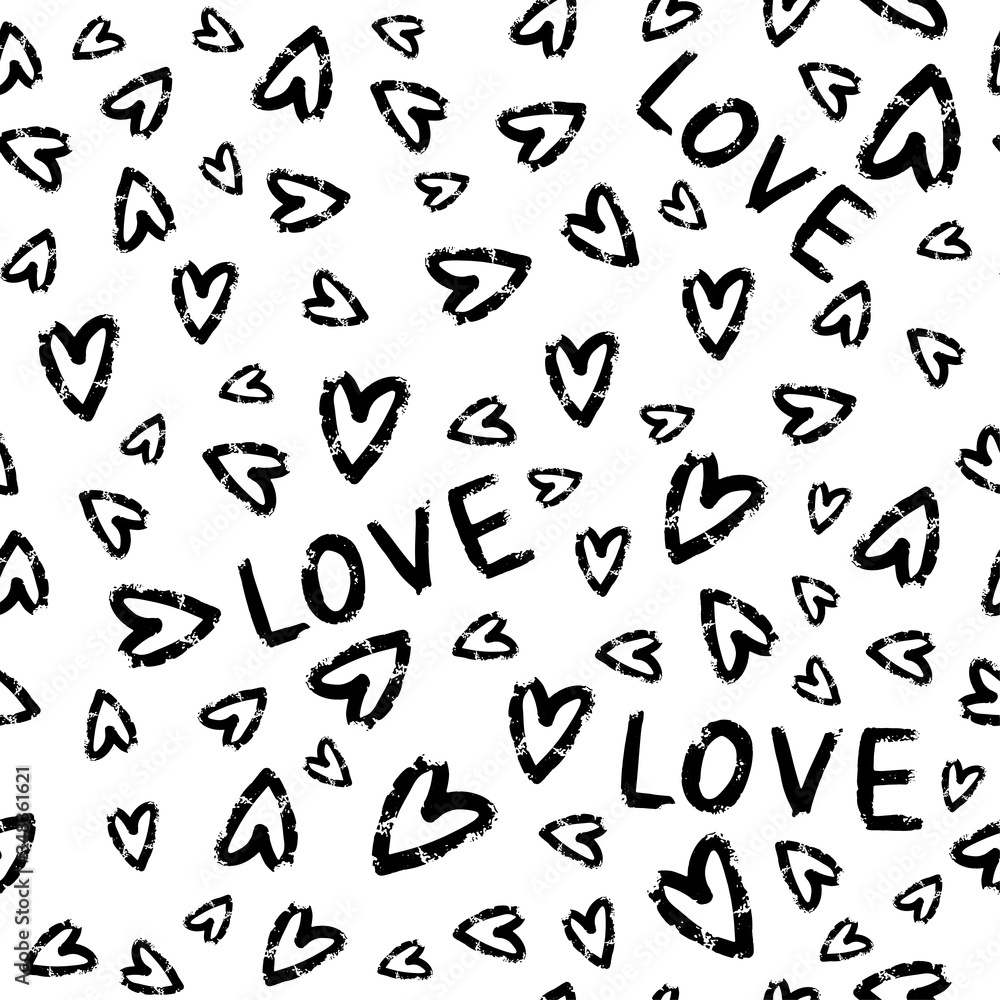 Typographic style seamless repeat pattern. Hand lettered text in black and white, hand drawn word love. Valentine's Day greeting card template, poster, wrapping paper.