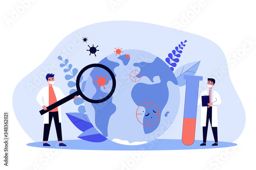 Tiny doctors studying viruses flat vector illustration. Physicians looking for vaccine from coronavirus. Epidemiology and pandemic outbreak research concept photo