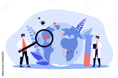 Tiny doctors studying viruses flat vector illustration. Physicians looking for vaccine from coronavirus. Epidemiology and pandemic outbreak research concept