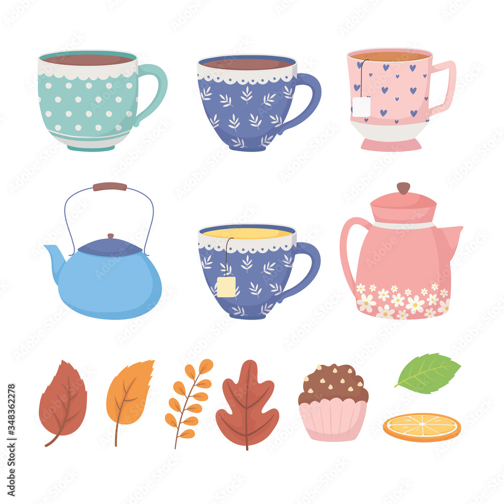 coffee time and tea, teapot cups ceramic sliced oranges and leaves herbal coffee time and tea, teapot cups ceramic sliced oranges and leaves herbal