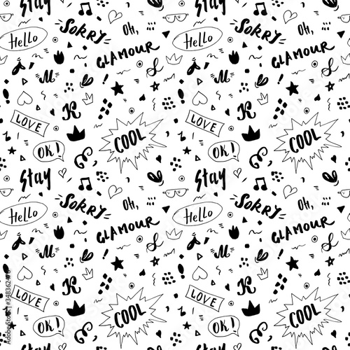 Doodle Seamless Pattern  hand drawn pop art signs and symbols background  Vector Illustration