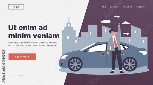 Happy young man leasing car flat vector illustration. Driver holding in hand keys to his new vehicle. Dealer making presentation for modern auto. Transport and lease concept
