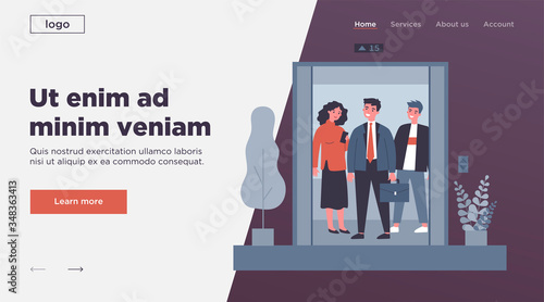 Positive people standing on elevator cab. Men and woman standing inside lift cabin with open doors. Vector illustration for architecture, transportation, technology concept
