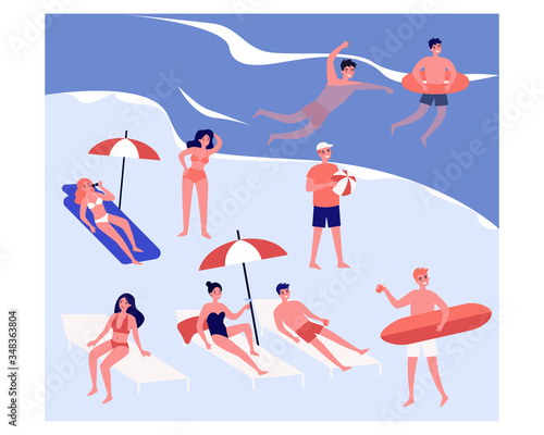 People relaxing at beach flat vector illustration. Cartoon various characters sunbathing under umbrella, swimming in ocean and playing games. Vacation and summer activity concept