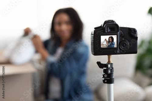 Video Blog. Camera Recording Content For Young Black Girl Fashion Blogger