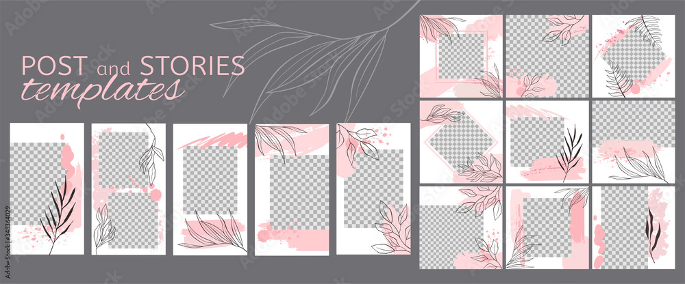 Fototapeta Editable layout templates for social media posts and stories, mobile apps, banner or flyer design. Post frame templates with pastel pink brush strokes and hand drawn leaves