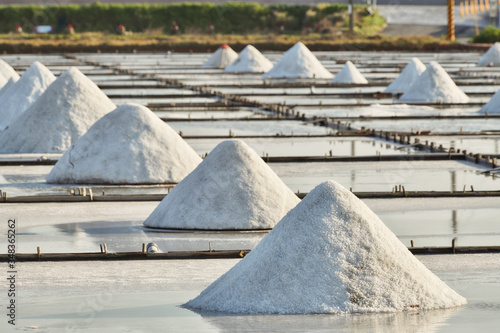 Dried salt at salt pan ready for harvesting in Tainan, Taiwan                                                                                                                                 Salt pans 