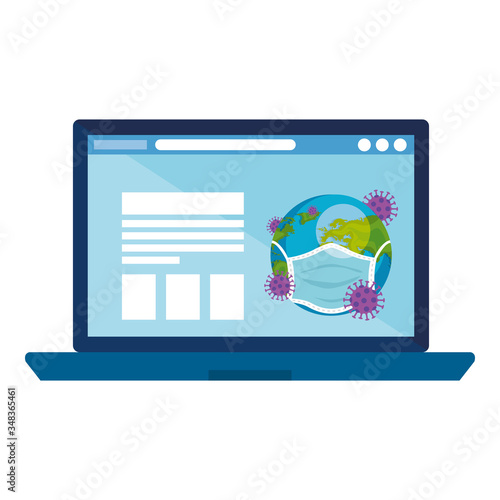 planet earth using face mask of covid19 in laptop vector illustration design