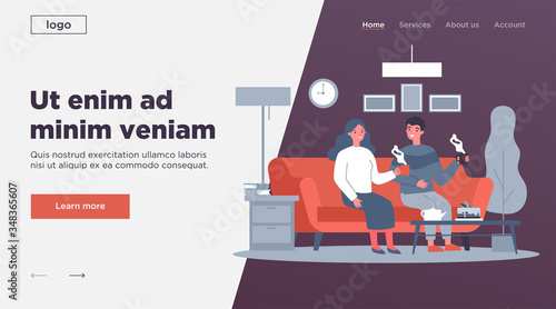 Couple in love sitting together at sofa with cups of coffee and talking flat vector illustration. Man and woman living in apartment Romantic relations and home concept