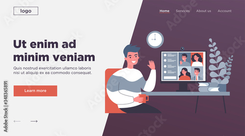 Worker using computer for collective virtual meeting and group video conference. Man at desktop chatting with friends online. Vector illustration for videoconference, remote work, technology concept