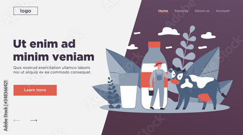 Happy young farmer standing near cow flat vector illustration. Man holding bucket with milk. Fresh milk with calcium and casein. Huge bottle and glass. Lactose diet and health concept.