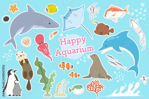 水族館にいる海洋生物の白フチのセット