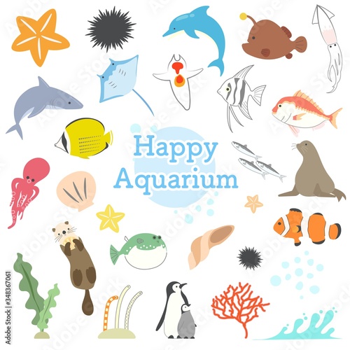 水族館にいる海洋生物のアイコン風セット