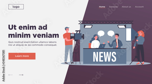 People on TV studio making news flat vector illustration. Backstage crew with cameras shooting desk with newscasters. Show and social media concept