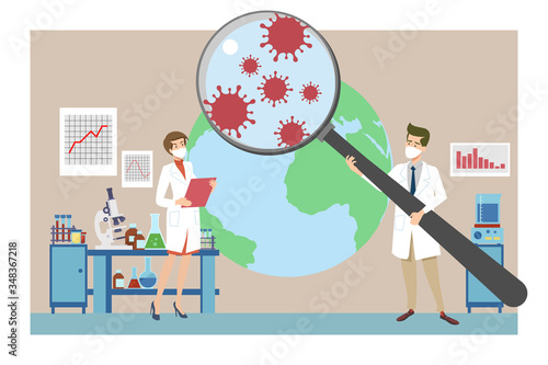Coronavirus research, pandemic, epidemiology concept. Microbiologists analyzing Covid infection in lab with glass tubes, test samples, microscope. Scientists discussing corona virus spread geography.