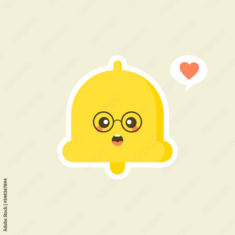 Fototapeta premium kawaii hand bell flat design. Happy notifications, announcements. Reminder alarm. Emoji, emoticon. Isolated cute vector illustration