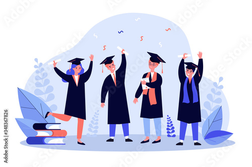 Happy graduated students flat vector illustration. Cartoon girls and guys celebrating academic diploma degree. Education and university certificate concept