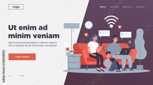 Family suffering from social media addiction. Parent and child sitting together at home and using digital devices. Vector illustration for problem, communication, internet concept