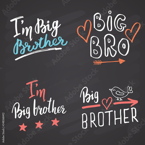 Big brother, Calligraphic Letterings signs set, child nursery printable phrase set. Vector illustration on chalkboard background