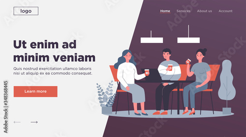 Happy young people drinking coffee together at lunch flat vector illustration. Meeting of company employees at office for work. Teamwork and communication concept.