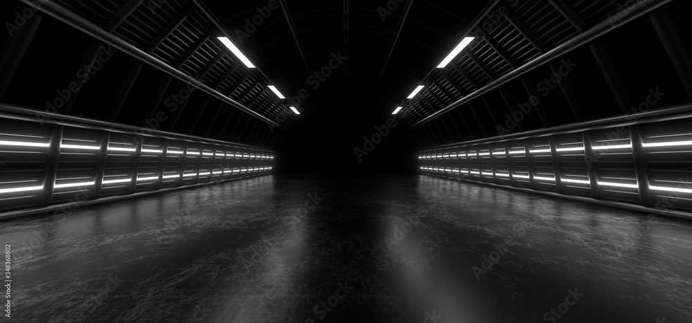 A dark tunnel of pipes illuminated by white neon lights and lamps. Blurred reflection on the floor. 3d rendering image.