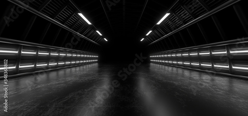 A dark tunnel of pipes illuminated by white neon lights and lamps. Blurred reflection on the floor. 3d rendering image. © Andrey Shtepa