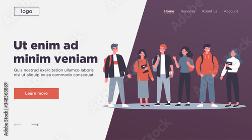 Cheerful college students with books and backpacks standing together. Teen girls and guys meeting and talking. Vector illustration for communication, studying, school friends, youth, teenagers concept