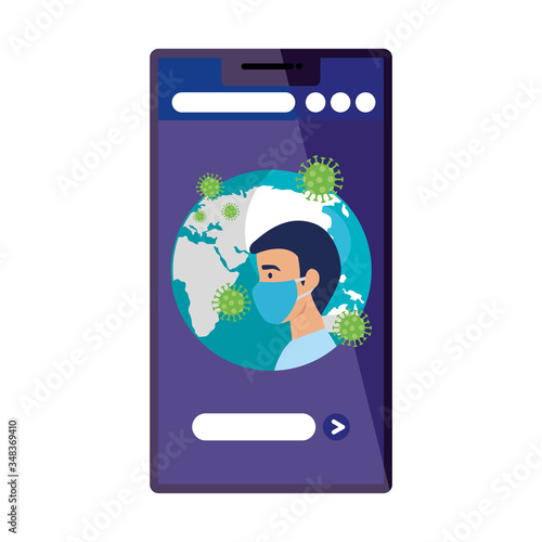 earth planet of covid19 in smartphone with man using face mask vector illustration design