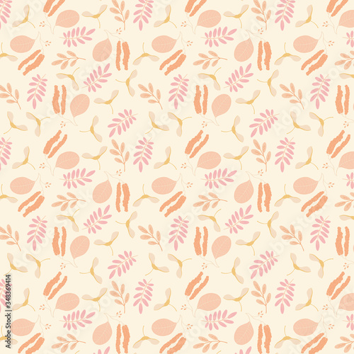 Autumn/fall leaves and seeds seamless vector pattern. Hand drawn seasonal pattern.