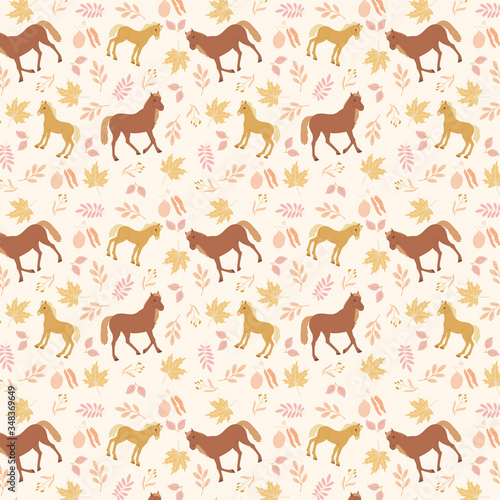 Autumn fall leaves and horses seamless vector pattern. Hand drawn animal pattern.