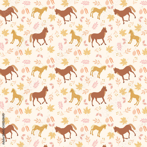 Autumn/fall leaves and horses seamless vector pattern. Hand drawn animal pattern.